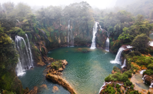 Aerial view on the Ban Gioc Waterfall at cloudy March - the most magnificent waterfall in Vietnam