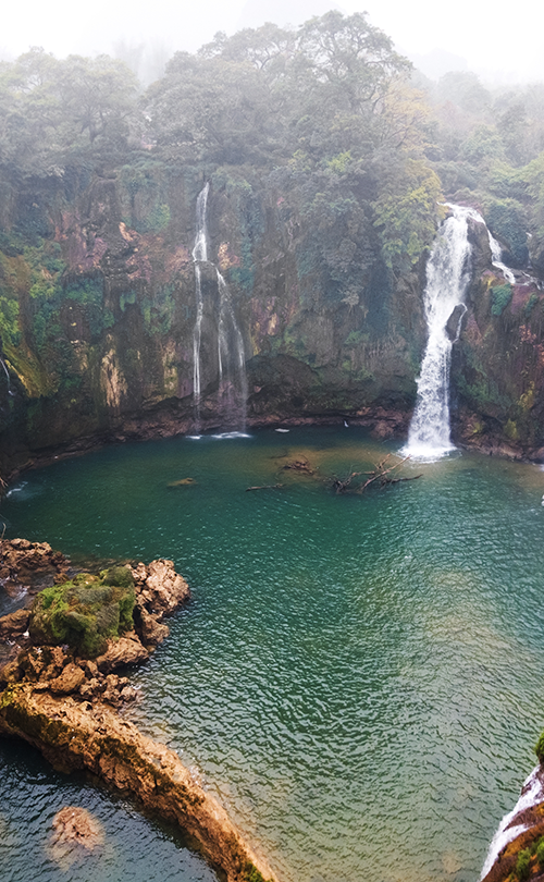 Aerial view on the Ban Gioc Waterfall at cloudy March - the most magnificent waterfall in Vietnam