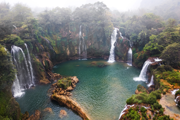 Aerial view on the Ban Gioc Waterfall at cloudy March - the most magnificent waterfall in Vietnam